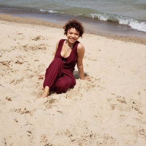 Maroon/wine Jumpsuit. Light/airy comes w/ bralette! Drawstrings and pockets!